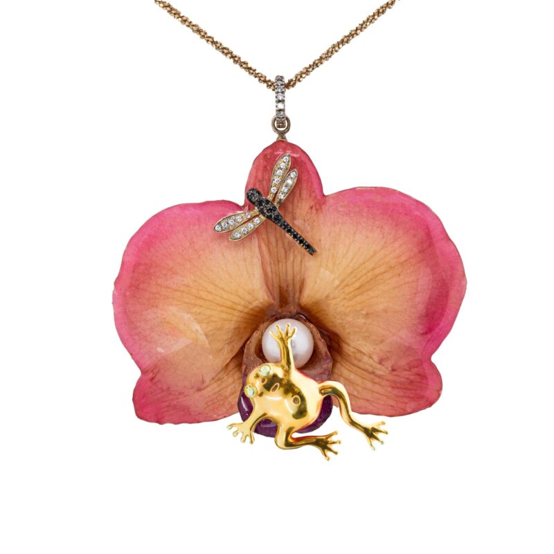 Collana Orchidea vera con Rana in Argento Rosa 925, Perla coltivata, Libellula con Zirconi Bianchi e Zirconi neri