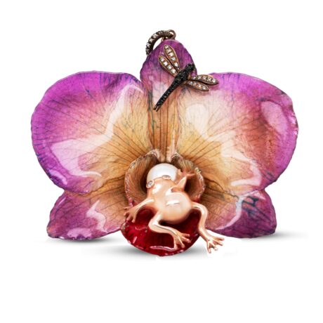 Collana Orchidea vera con Rana in Argento Rosa 925, Perla coltivata, Libellula con Zirconi Bianchi e Zirconi neri