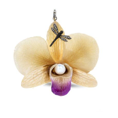 Spilla Orchidea vera con Perla coltivata, Libellula in Argento 925, Zirconi bianchi e zirconi neri
