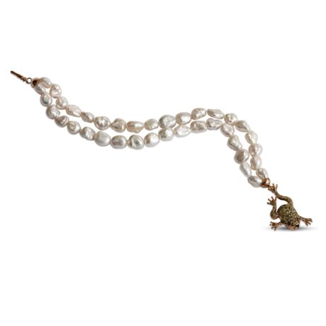 Bracciale con Perle coltivate, Rana in Argento Rosa 925, Zirconi gialli e occhi Zirconi bianchi