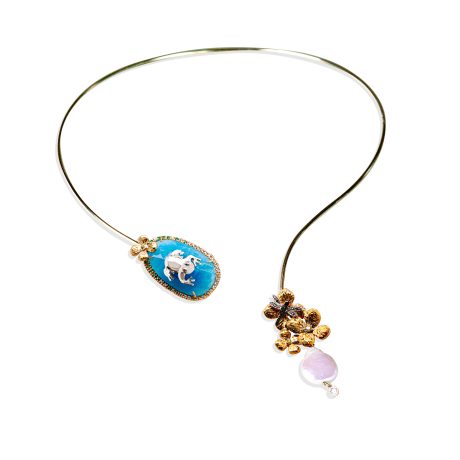 Collana in Argento 925 con pietra giada azzurra, libellula, Zirconi verdi e Zirconi bianchi