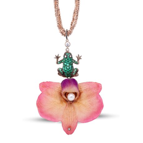 Collana Orchidea vera e Rana in argento,Perla coltivata,zirconi verdi e zirconi bianchi