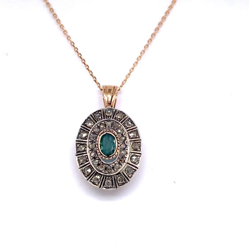 Oro 9 carati, Argento 925, Rose coronè 1,10 carati, Smeraldo 0,75 carati