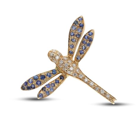 Spilla in Oro 9 carati incastonata con Diamanti e Zaffiri.