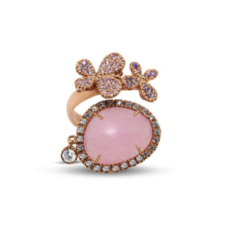 Anello con farfalle in Argento Rosa 925 incastonate Zirconi bianchi e Pietra Giada