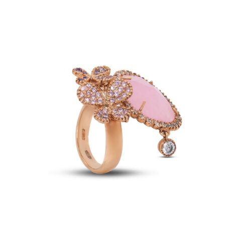 Anello con farfalle in Argento Rosa 925 incastonate Zirconi bianchi e Pietra Giada
