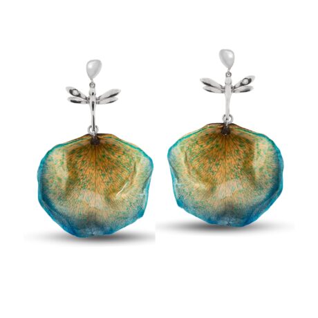 Orecchini con Libellule in Argento Bianco 925 e Petalo vero verde.