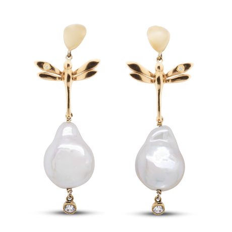 Orecchini Libellule in Argento Giallo 925 incastonate con Zirconi bianchi e Perle coltivate.