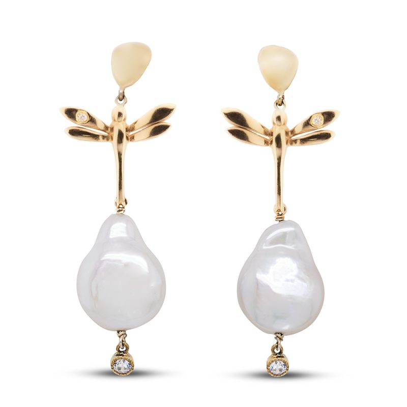 Orecchini Libellule in Argento Giallo 925 incastonate con Zirconi bianchi e Perle coltivate.