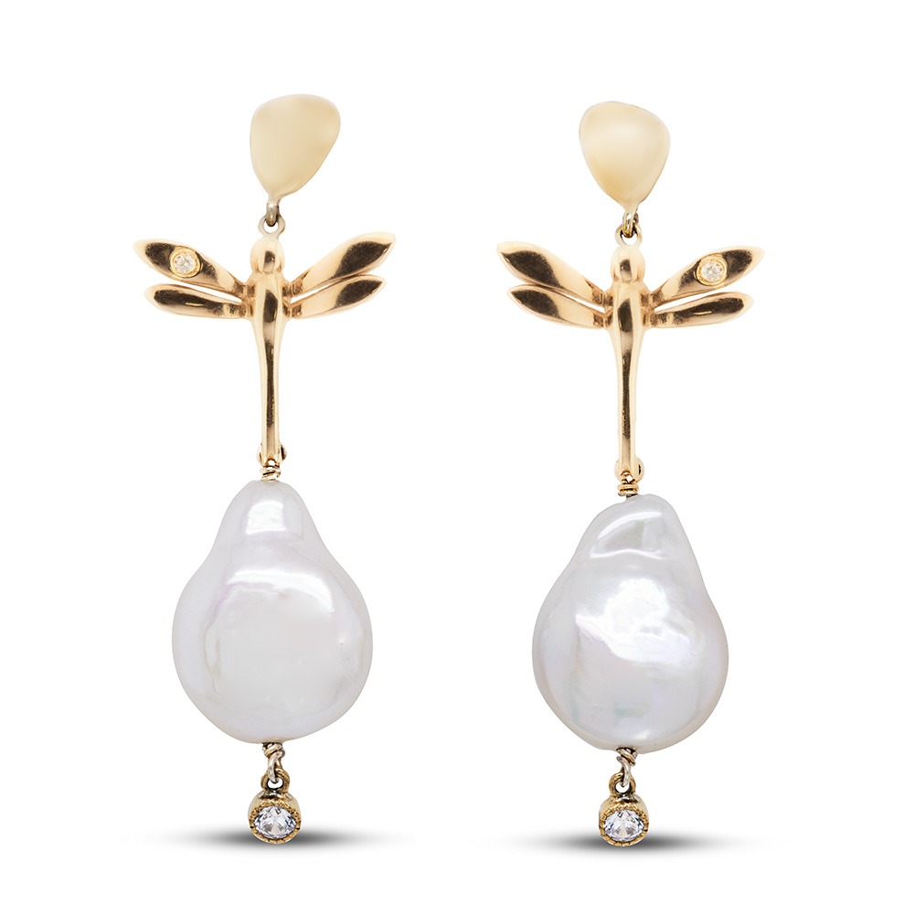 Orecchini Libellule in Argento Giallo 925 incastonate con Zirconi bianchi e Perle coltivate.