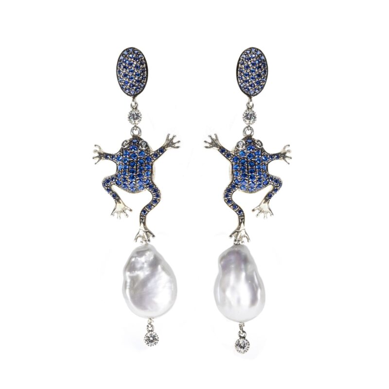 Orecchini Rana in Argento Bianco 925 incastonata con Zirconi blu montata con Perle coltivate.