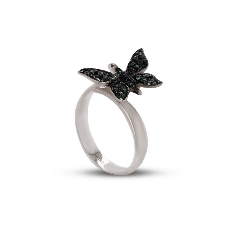 Anello Farfalla in Argento Bianco 925 incastonata con Zirconi neri.