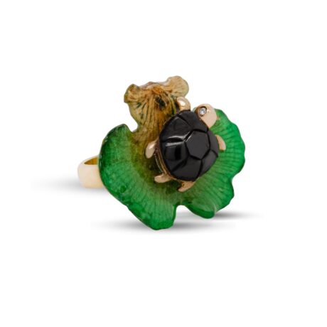 Anello Rana in Argento Giallo 925 incastonata con Zirconi Bianchi e Orchidea vera.