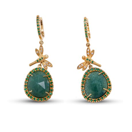 Orecchini Libellula in Argento Giallo 925, montati con Pietra Giada e incastonati con Zirconi Bianchi e Zirconi Verdi.