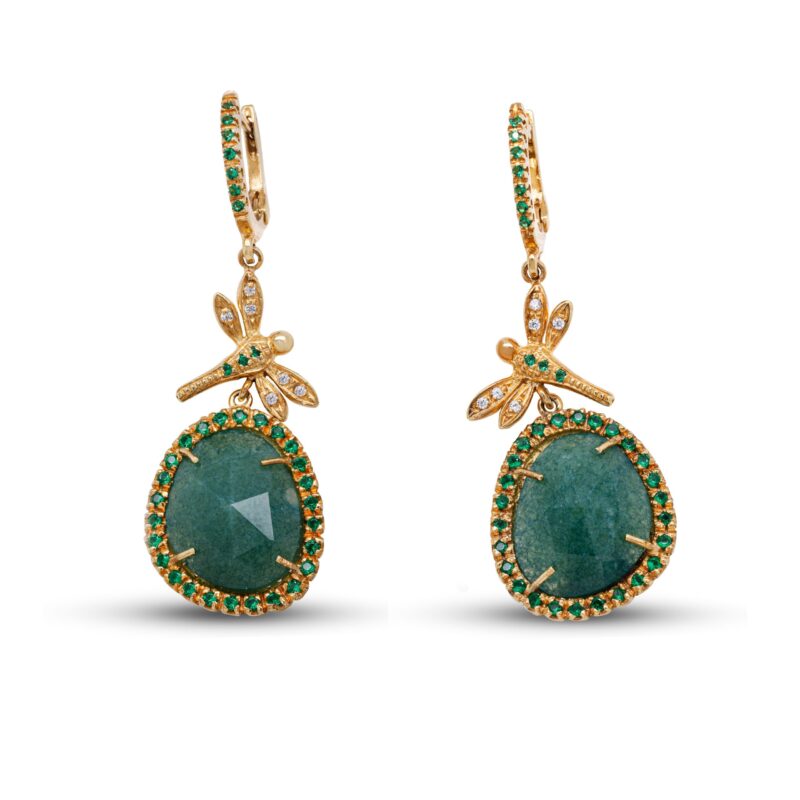 Orecchini Libellula in Argento Giallo 925, montati con Pietra Giada e incastonati con Zirconi Bianchi e Zirconi Verdi.