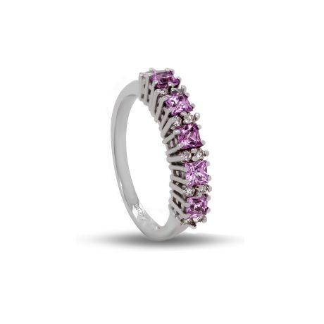 Anello in Oro Bianco 18 Carati inastonato con Brillanti 0,16 carati montato con Zaffiri Rosa 0,92 carati.