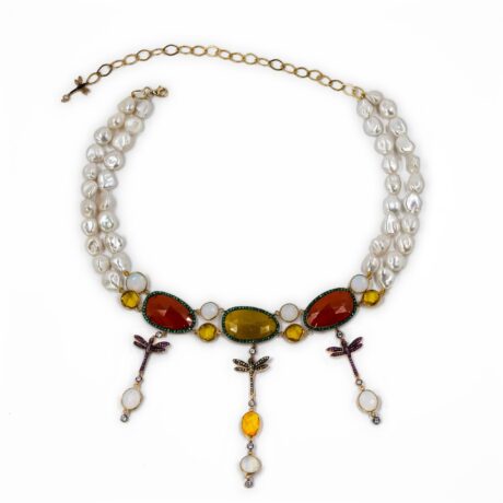 Collana in Argento Giallo 925 montata con Perle d'acqua dolce, Pietre Giade e Libellule incastonate con Zirconi MOD.CHARLIE COL