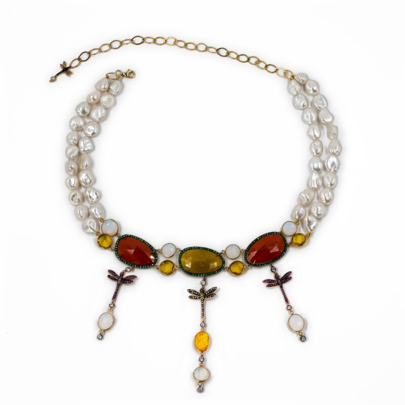 Collana in Argento Giallo 925 montata con Perle d'acqua dolce, Pietre Giade e Libellule incastonate con Zirconi MOD.CHARLIE COL