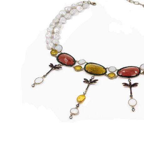 Collana in Argento Giallo 925 montata con Perle d'acqua dolce, Pietre Giade e Libellule incastonate con Zirconi MOD.CHARLIE COL