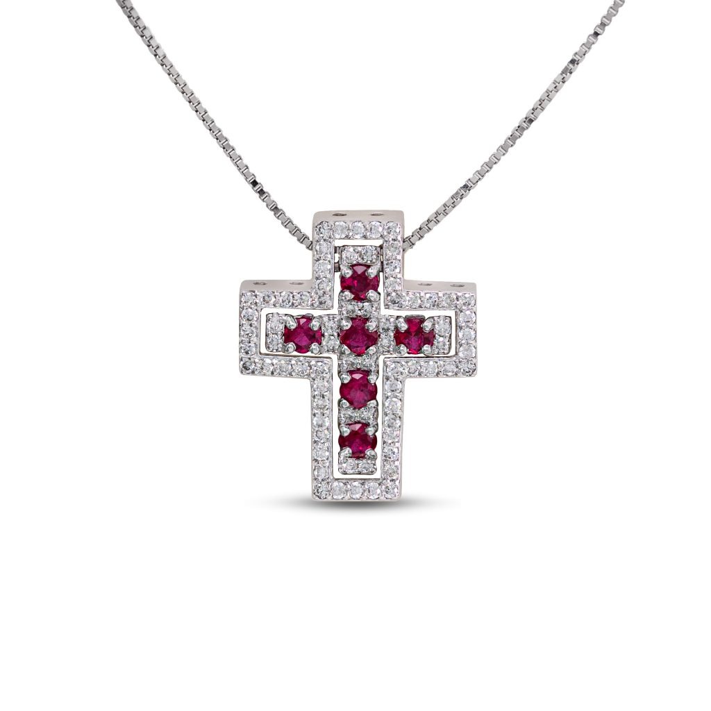 Croce in Oro Bianco 18 carati incastonata con Diamanti 0,14 carati e Rubini.