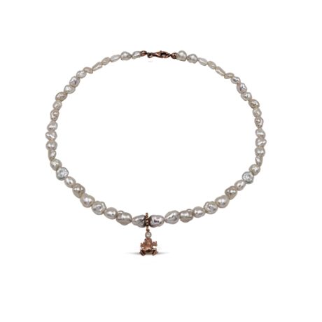 Collana di Perle coltivate d'acqua dolce con Pendente Rana in Argento Rosa 925 incastonata con Zirconi Bianchi AF-018 RANA COL
