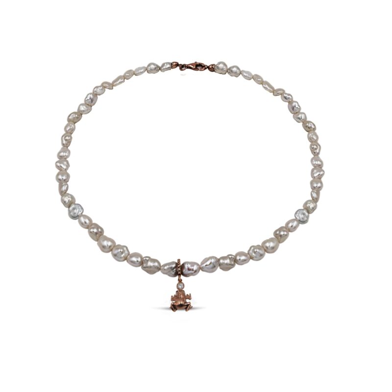 Collana di Perle coltivate d'acqua dolce con Pendente Rana in Argento Rosa 925 incastonata con Zirconi Bianchi AF-018 RANA COL