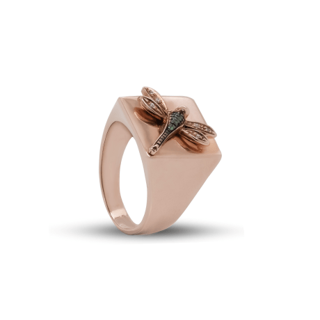 Anello Libellula in MOD.MIGN.QUAD.LIB.PAVE' Argento Rosa 925 incastonato con Zirconi verdi e Zirconi Bianchi.