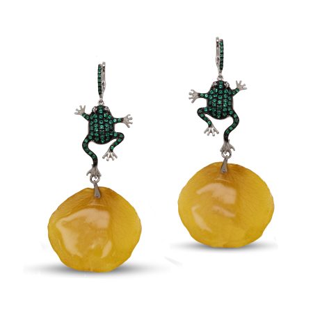 Orecchini Rana in Argento Bianco 925 incastonati con Zirconi Verdi e Zirconi Bianchi, montati con Petali veri