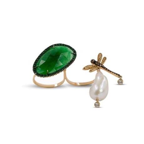 Anello con Libellula in Argento 925 montato con Perle d'acquadolce, Pietra Giada verde, incastonato con Zirconi verdi e Zirconi bianchi