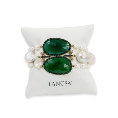 Bracciale con Libellule in Argento 925 montato con Perle d'acquadolce, Pietre Giada verdi, incastonato con Zirconi verdi e Zirconi Bianchi