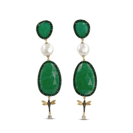 Orecchini con Libellule in Argento 925 montato con Perle coltivate d'acquadolce, Pietra Giada verde, incastonati con Zirconi verdi e Zirconi bianchi