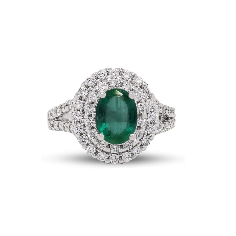 Anello in Oro bianco 18 carati incastonato con Diamanti 0,68 carati, montato con Smeraldo centrale 0,90 carati