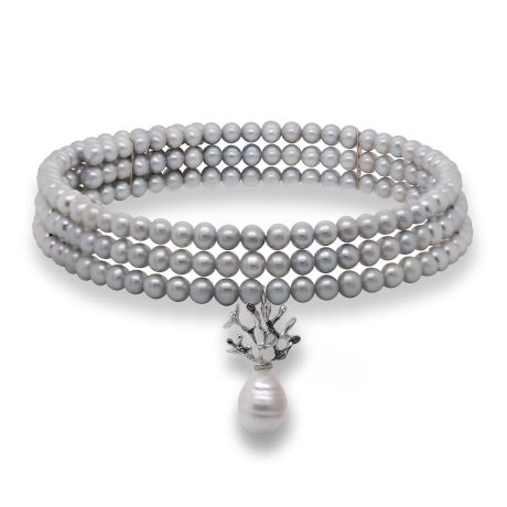 Collier in Oro bianco 18 carati con Perle vere montato con Ciondolo e Perla coltiivata d'acqua dolce, e incastonato con Diamanti 0,22 carati