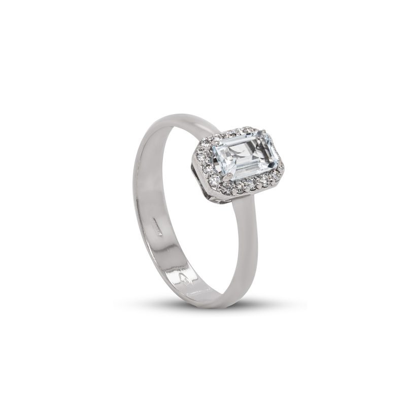 Anello in Oro bianco 18 carati incastronato con Diamanti 0,12 carati e Acquamarina 0,50 carati