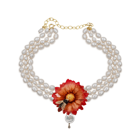 Collier Ape in Argento 925 Giallo con Perle coltivate d'acqua dolce e montato con Fiore vero Margherita