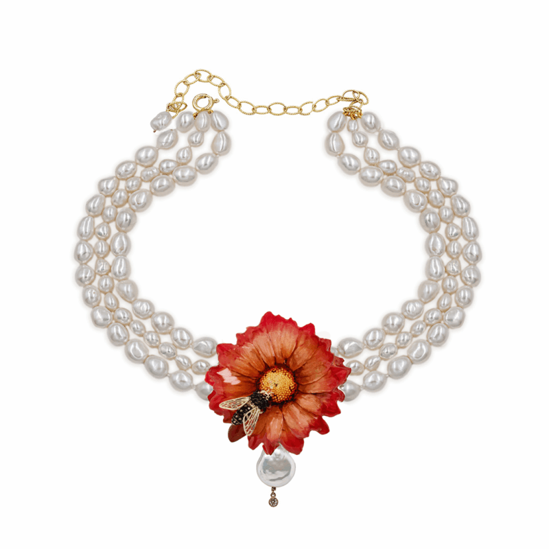 Collier Ape in Argento 925 Giallo con Perle coltivate d'acqua dolce e montato con Fiore vero Margherita