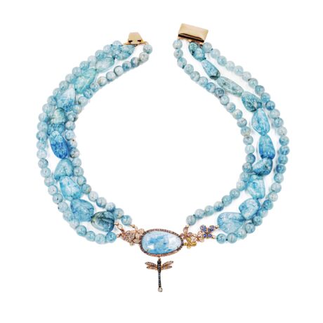 Collana Libellula in Argento 925 incastonata con Zirconi e montata con Pietre acquamarina e caramella acquamarina
