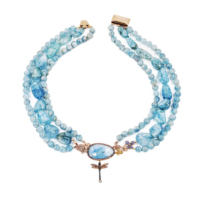 Collana Libellula in Argento 925 incastonata con Zirconi e montata con Pietre acquamarina e caramella acquamarina
