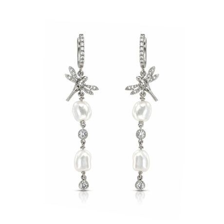 Orecchini con Libellula in Argento bianco 925 e Perle d'acquadolce