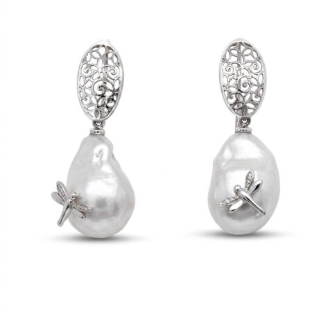 Orecchini con Perle d'acquadolce e Libellula in Argento 925 e zirconi