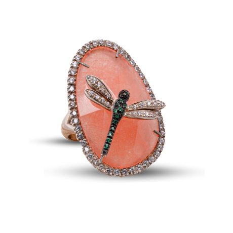 Anello Libellula in Argento 925 montato con Pietra Giada e incastonato con Zirconi