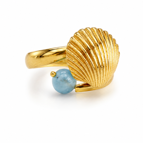 Anello in argento giallo 925 e acquamarina con conchiglia