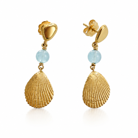 Orecchini in argento giallo 925 e acquamarina con conchiglia